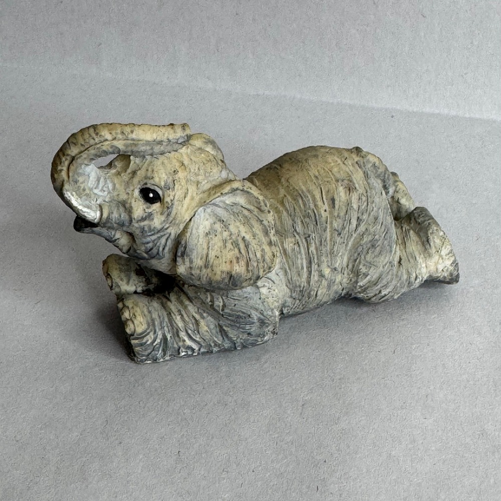 Vintage Small Laying Elephant Figurine Gray Textured Resin Trunk Up Statue
